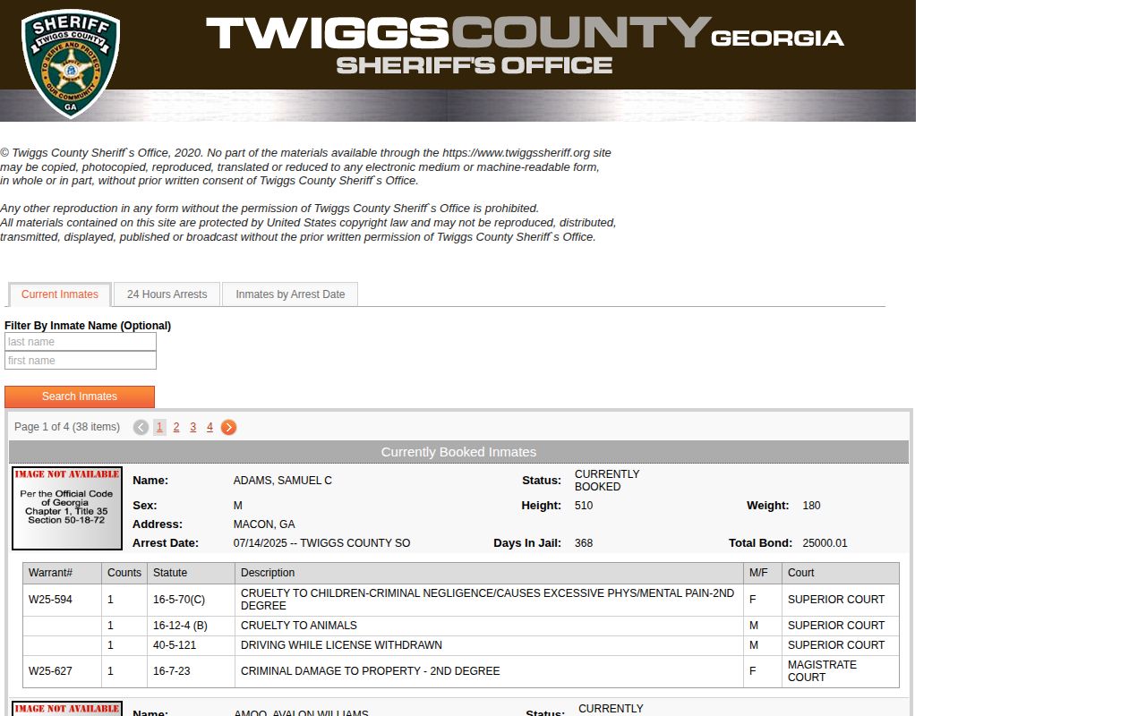 Twiggs County released inmate search starting with current jail roster
